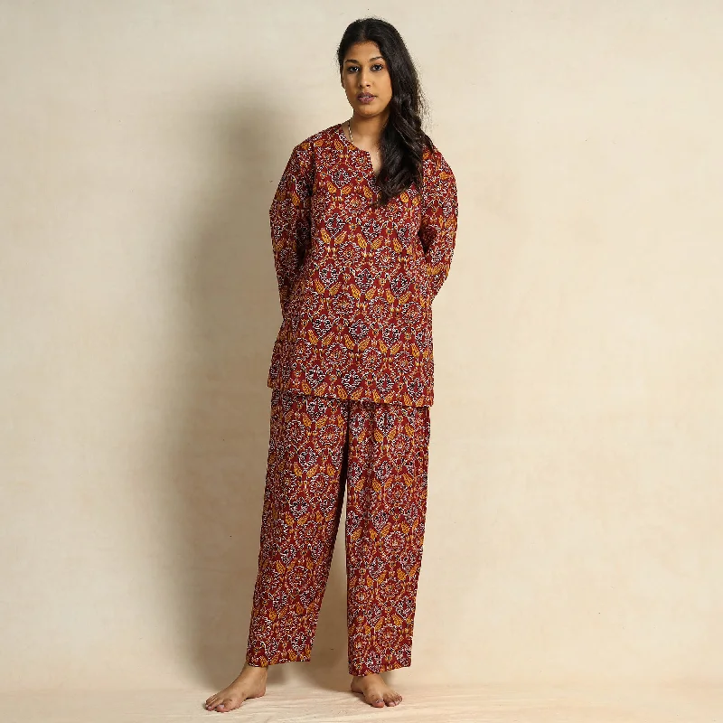 Red - Hand Block Printed Cotton Night Suit