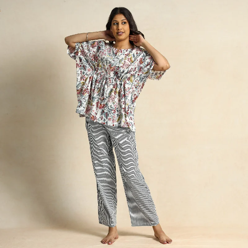 White - Hand Block Printed Cotton Kaftan & Pyjama Night Suit Set