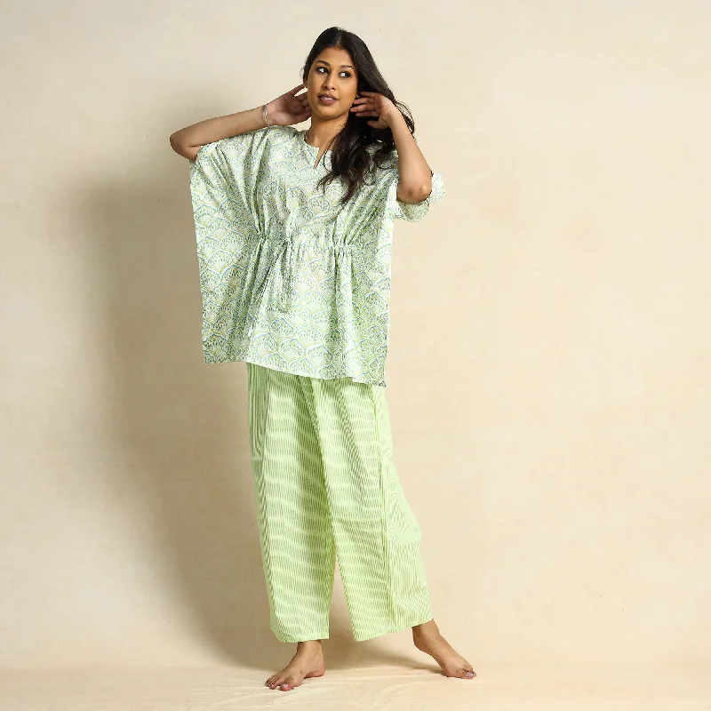 Green - Hand Block Printed Cotton Kaftan & Pyjama Night Suit Set