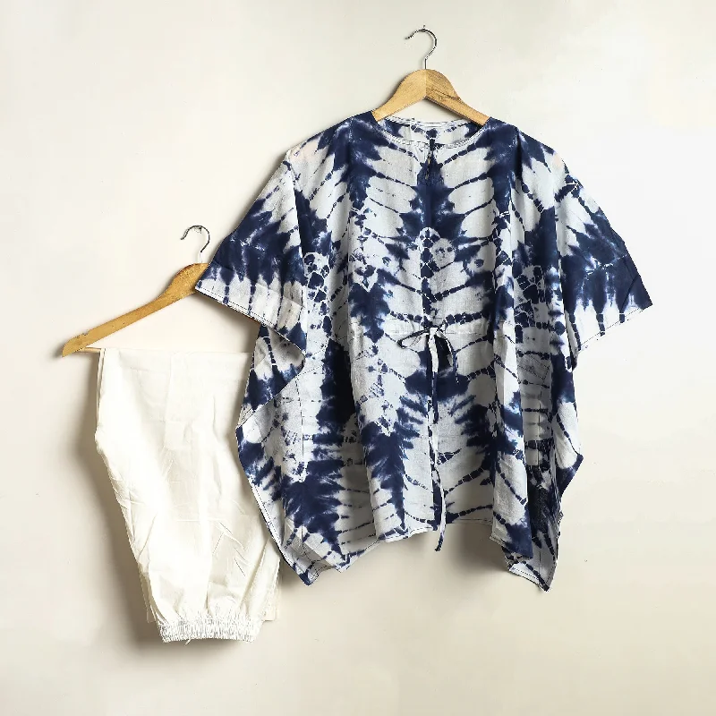 Blue - Shibori Tie-Dye Kaftan & Pyjama Night Suit Set