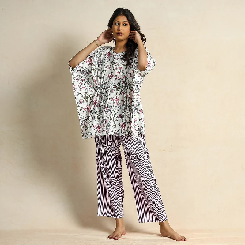 White - Hand Block Printed Cotton Kaftan & Pyjama Night Suit Set