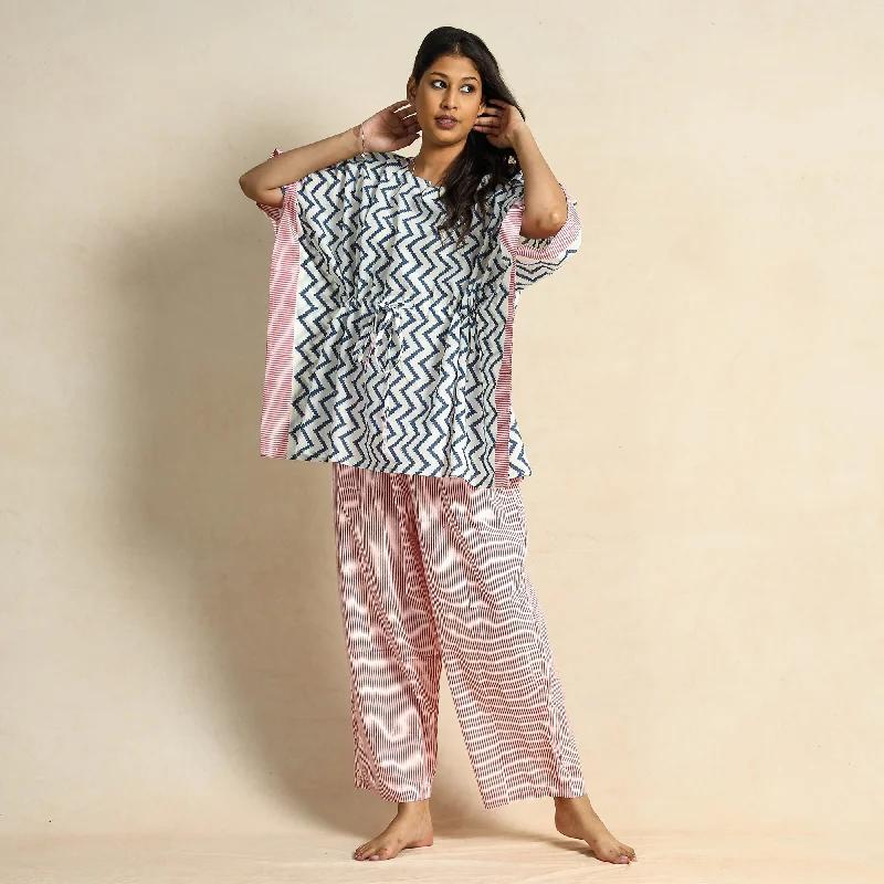 White - Hand Block Printed Cotton Kaftan & Pyjama Night Suit Set