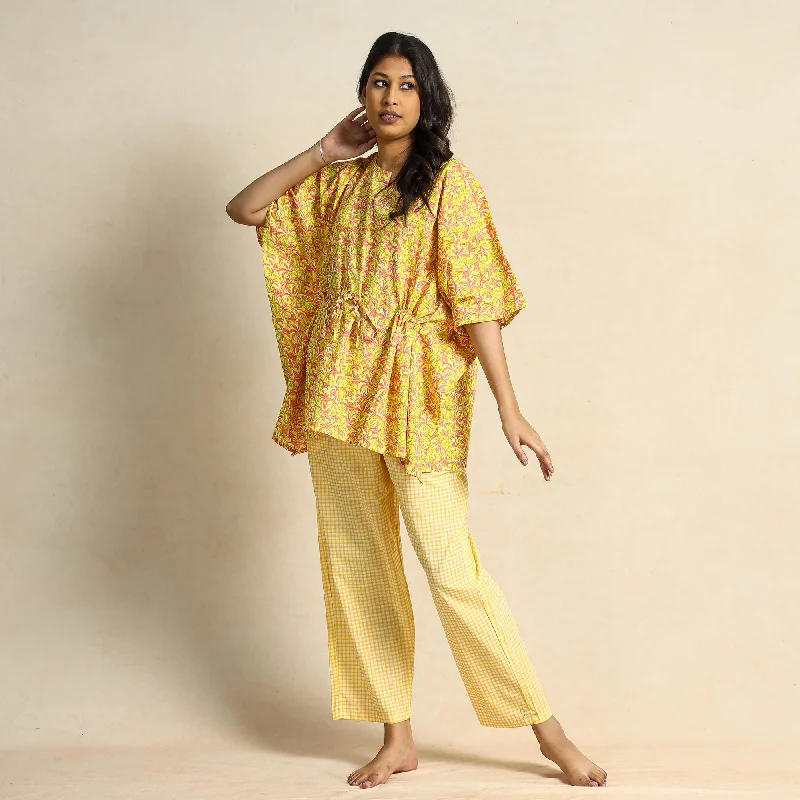 Yellow - Hand Block Printed Cotton Kaftan & Pyjama Night Suit Set