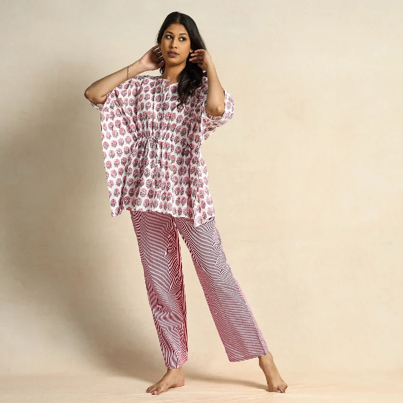 White - Hand Block Printed Cotton Kaftan & Pyjama Night Suit Set