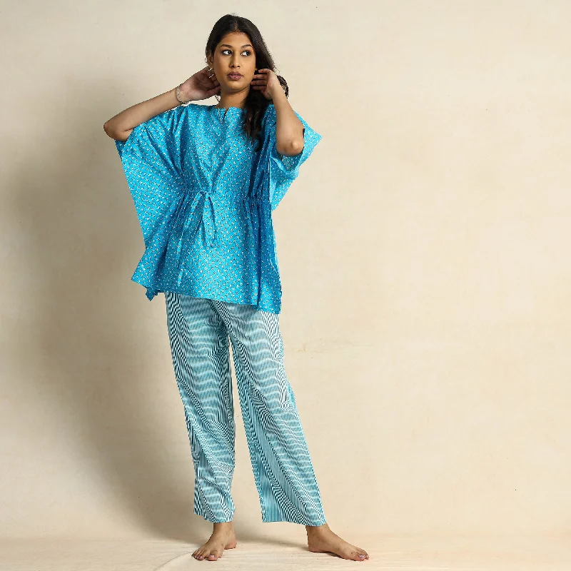 Blue - Hand Block Printed Cotton Kaftan & Pyjama Night Suit Set