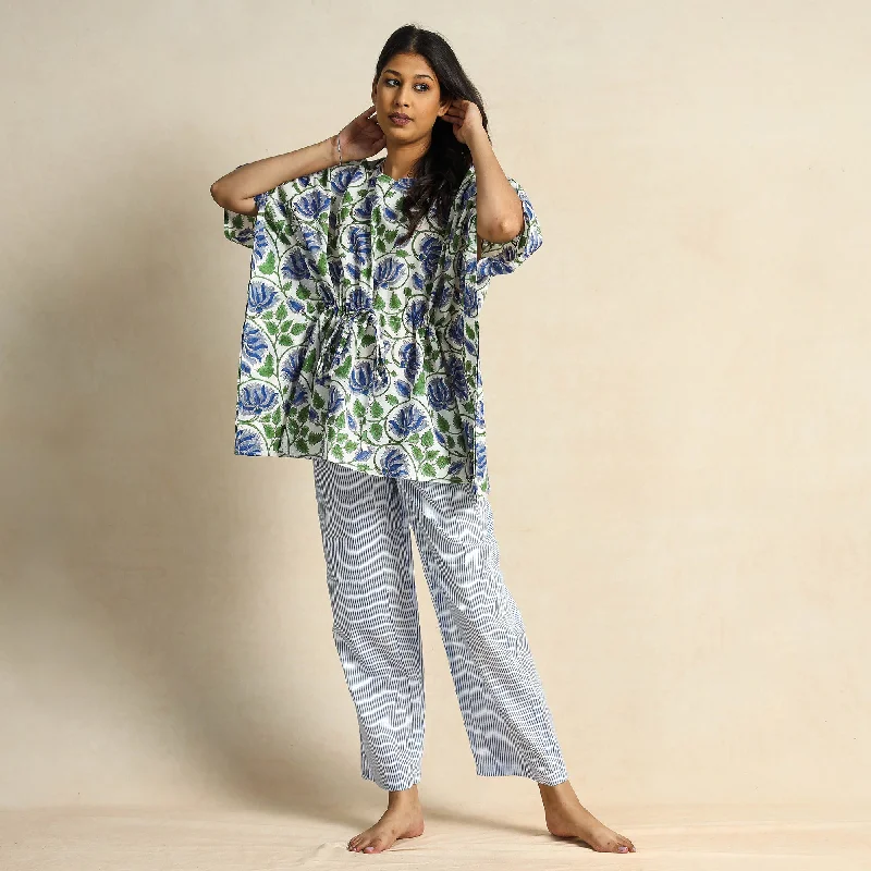 White - Hand Block Printed Cotton Kaftan & Pyjama Night Suit Set