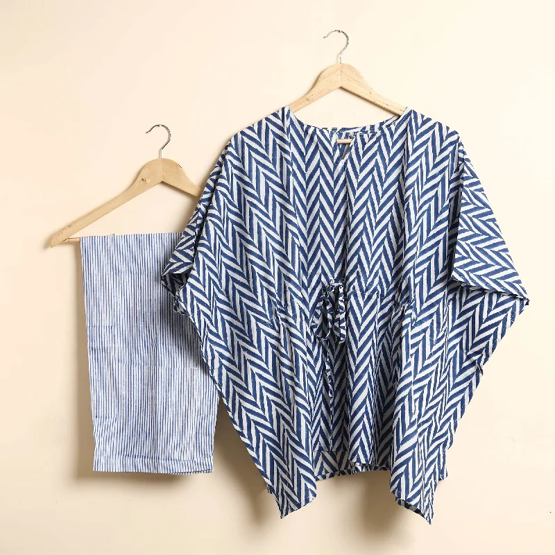 Blue - Hand Block Printed Cotton Kaftan & Pyjama Night Suit Set