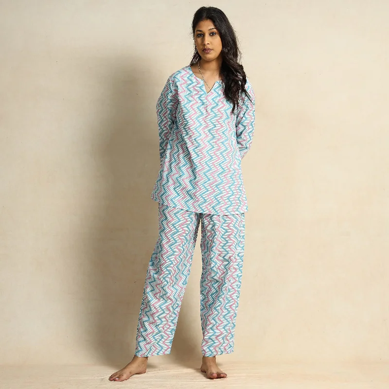 Blue - Hand Block Printed Cotton Night Suit