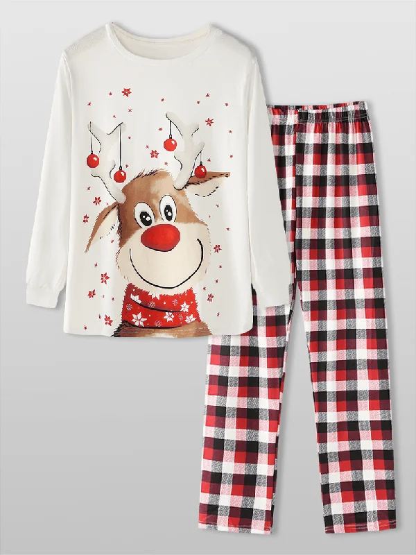 Christmas Style Women Cute Elk Print Pullover Plaid Elastic Loose Waist Pants Home Pajama Set