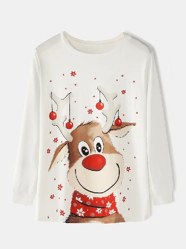 christmas-style-women-cute-elk-print-pullover-plaid-elastic-loose-waist-pants-home-pajama-set