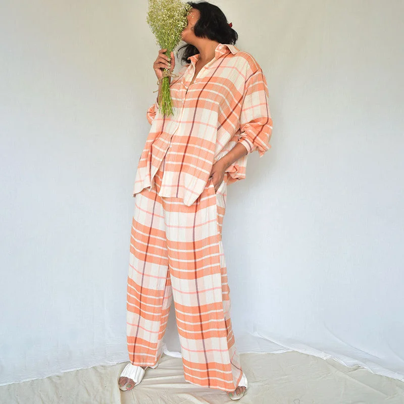 Cotton Checkered Loungewear Set | Peach & Orange