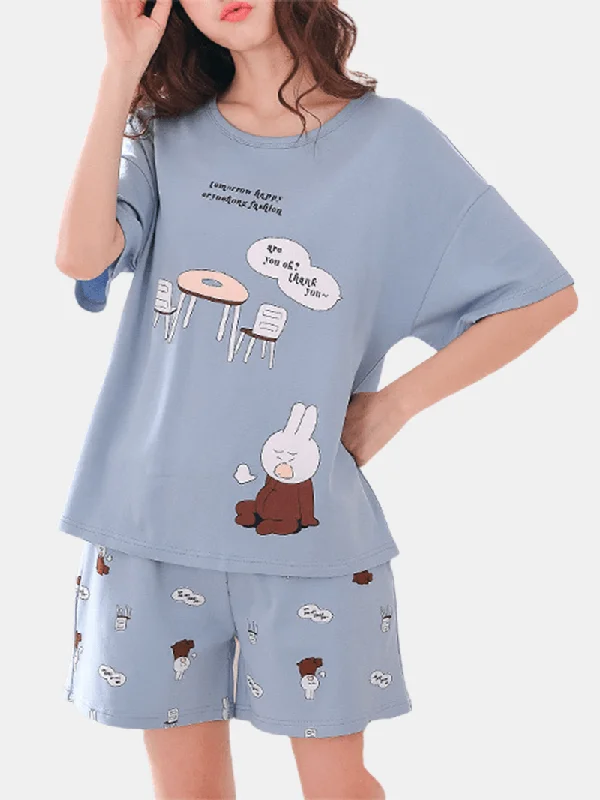 Cute Cartoon Print Short Sleeve Loose Two Piece Pajama Set for Women