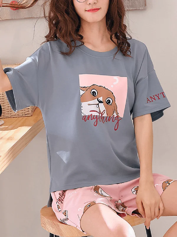 cute-cartoon-print-short-sleeve-loose-two-piece-pajama-set-for-women