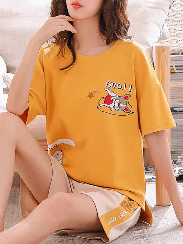 cute-cartoon-print-short-sleeve-loose-two-piece-pajama-set-for-women