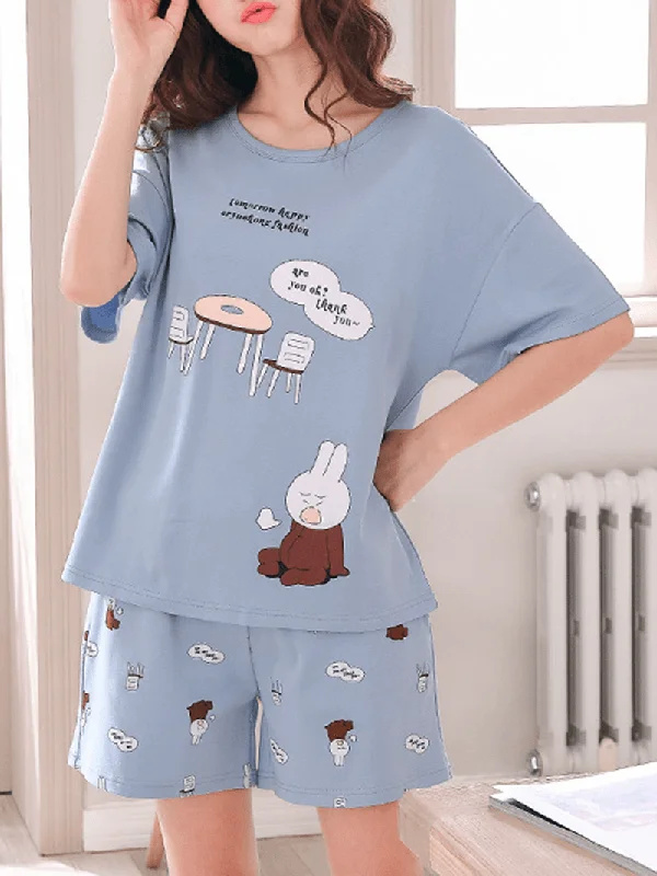 cute-cartoon-print-short-sleeve-loose-two-piece-pajama-set-for-women