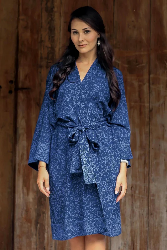 Indigo Garden Hand Stamped Batik Flowers on Short Rayon Robe from Bali