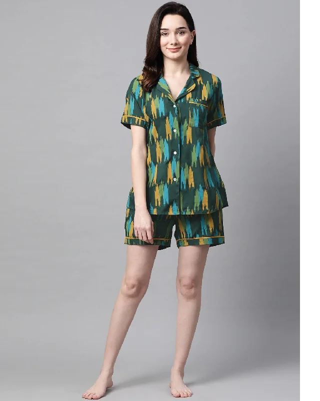 Women's Green & Mustard Printed Night suit - Meeranshi