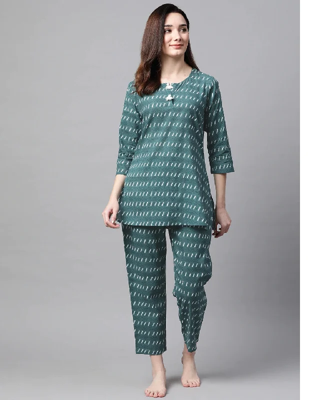 Women's Green & White Printed Night Suit - Meeranshi