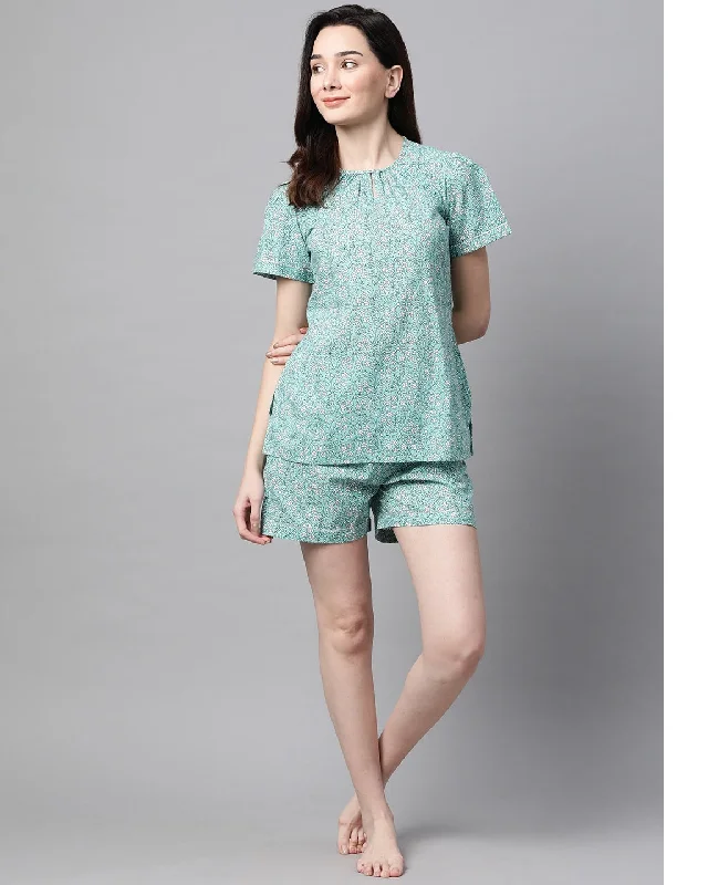 Women's Printed Sea Green Night suit - Meeranshi