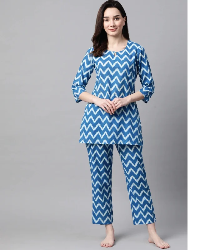 Women's Turquoise Blue & White Graphic Printed Night suit - Meeranshi