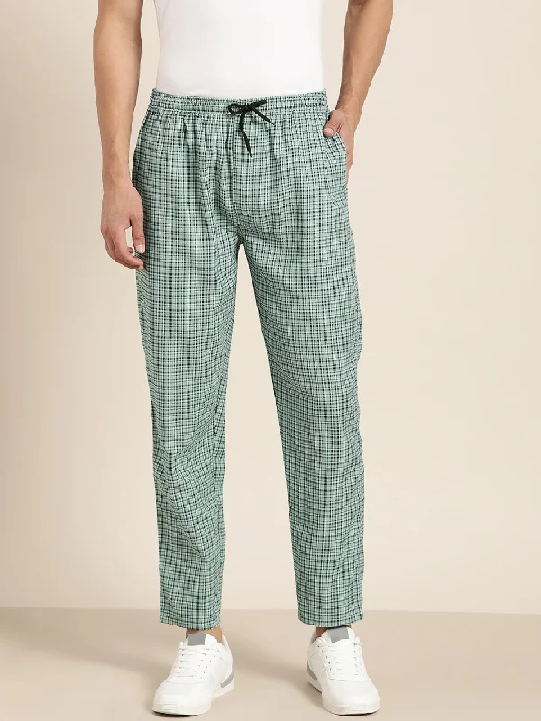 Men's Cotton Green & White Checked Track Pant - Sojanya