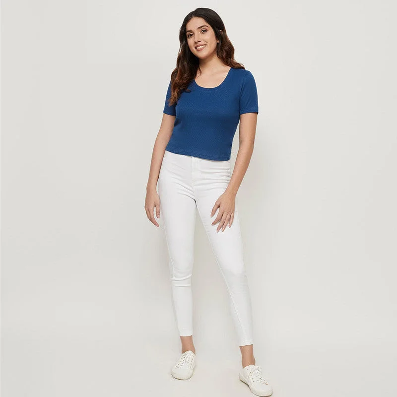 Cotton Modal Ribbed Scoop Neck Top | Cobalt Blue