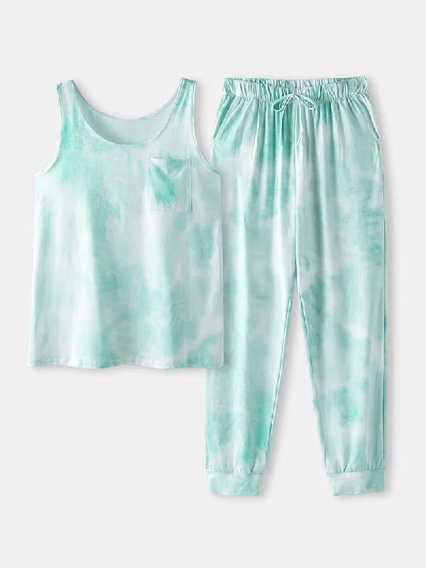 tie-dye-print-sports-loungewear-set-tank-top-beam-feet-sleeveless-two-piece-set