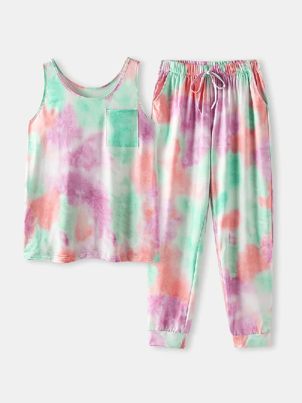 tie-dye-print-sports-loungewear-set-tank-top-beam-feet-sleeveless-two-piece-set