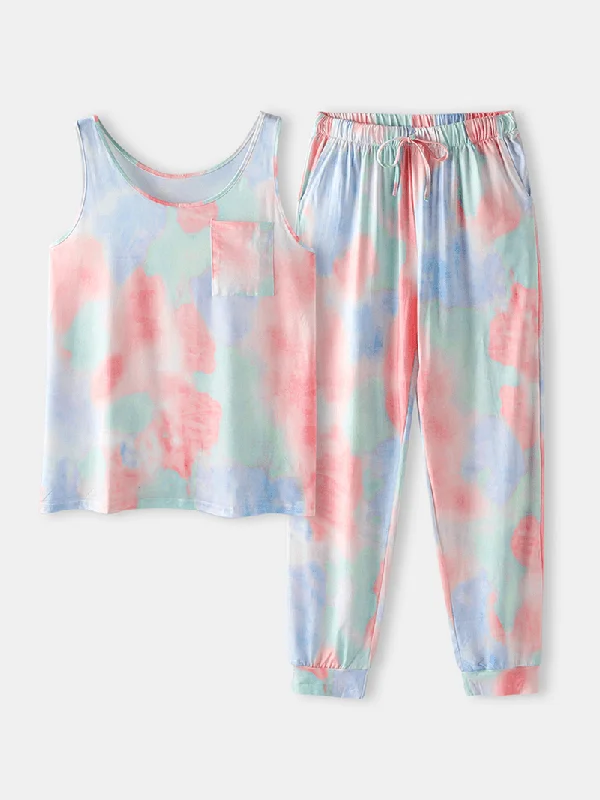 tie-dye-print-sports-loungewear-set-tank-top-beam-feet-sleeveless-two-piece-set