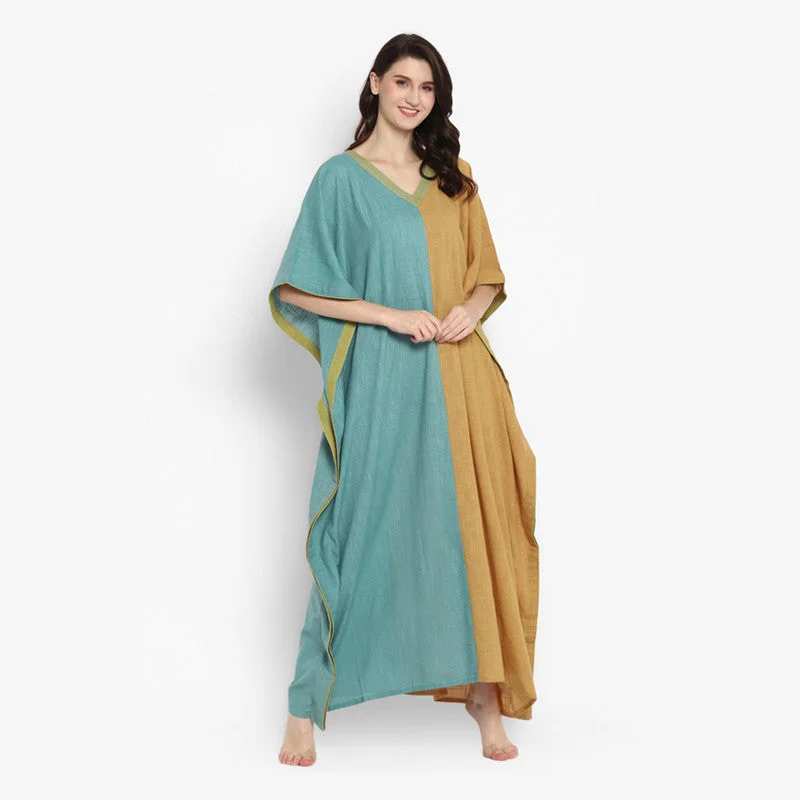 Cotton V-Neck Kaftan | Blue & Mustard