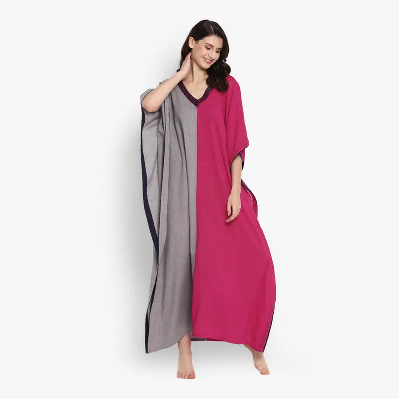 Cotton V-Neck Kaftan | Grey & Pink