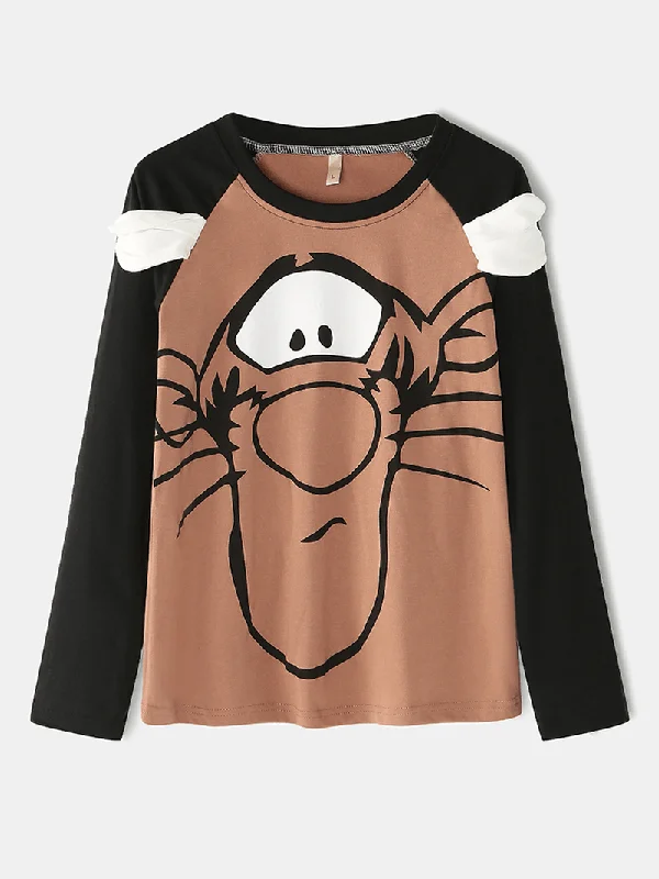 women-cartoon-tiger-raglan-sleeve-elastic-waist-pants-home-pajamas-set