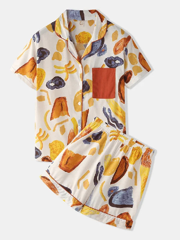 women-colorful-graffiti-print-revere-collar-pocket-button-up-casual-short-sleeve-pajama-set