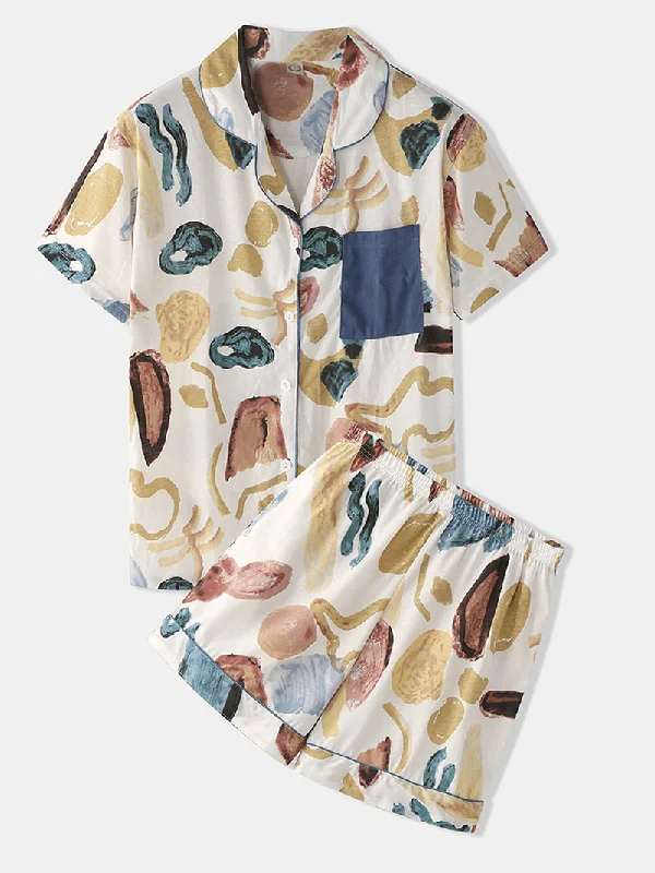 women-colorful-graffiti-print-revere-collar-pocket-button-up-casual-short-sleeve-pajama-set