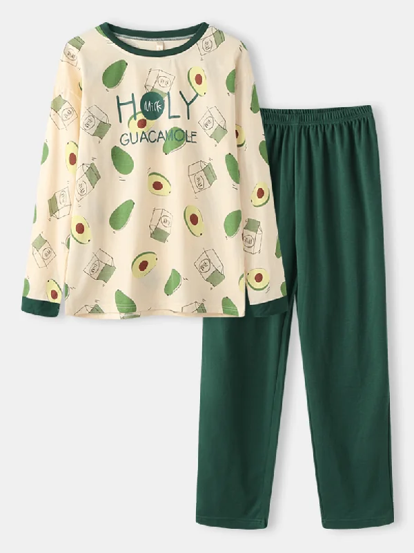 Women Cute Avocado Print O-Neck Cotton Long Sleeve Loose Two-Piece Lounge Home Pajamas Sets