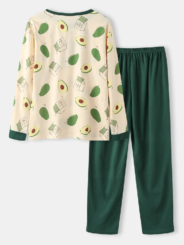 women-cute-avocado-print-o-neck-cotton-long-sleeve-loose-two-piece-lounge-home-pajamas-sets