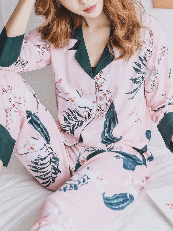 Women Floral Print Revere Collar Long Sleeve Button up Shirt Loose Pants Home Casual Pajama Set