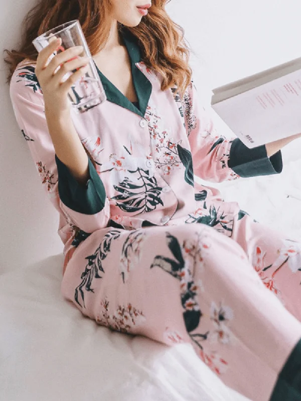 women-floral-print-revere-collar-long-sleeve-button-up-shirt-loose-pants-home-casual-pajama-set