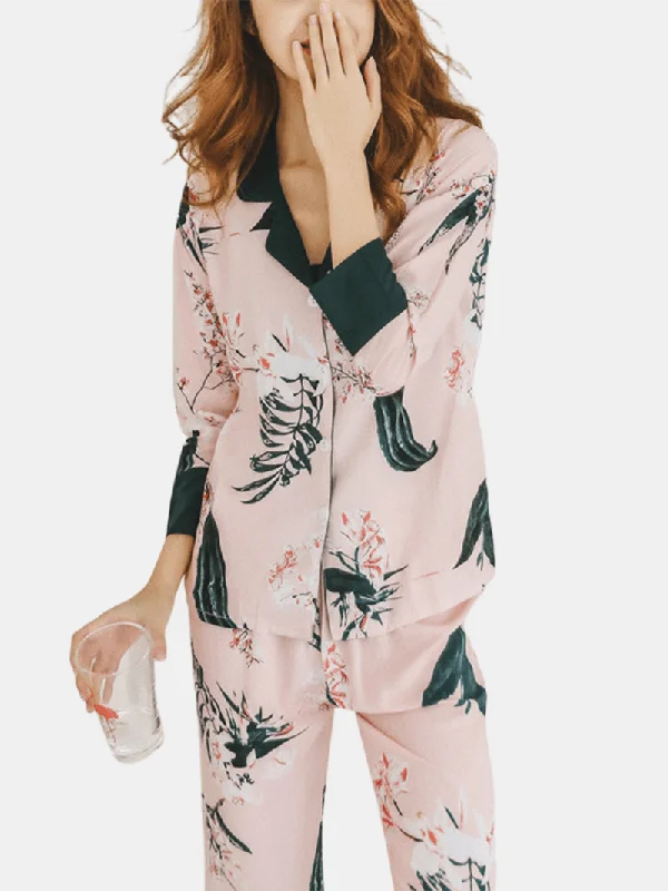 women-floral-print-revere-collar-long-sleeve-button-up-shirt-loose-pants-home-casual-pajama-set