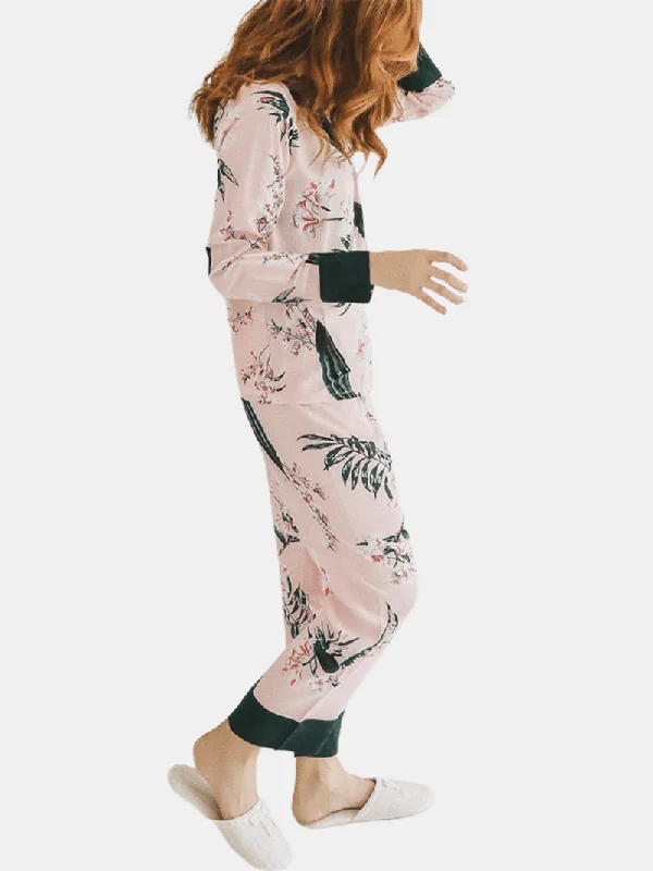 women-floral-print-revere-collar-long-sleeve-button-up-shirt-loose-pants-home-casual-pajama-set