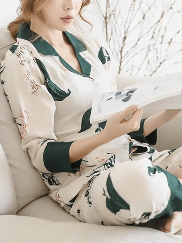 women-floral-print-revere-collar-long-sleeve-button-up-shirt-loose-pants-home-casual-pajama-set