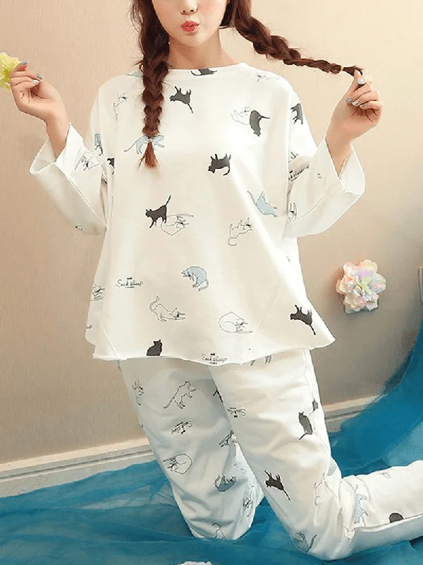 women-funny-cartoon-cat-print-round-neck-pocket-long-sleeve-home-pajama-set