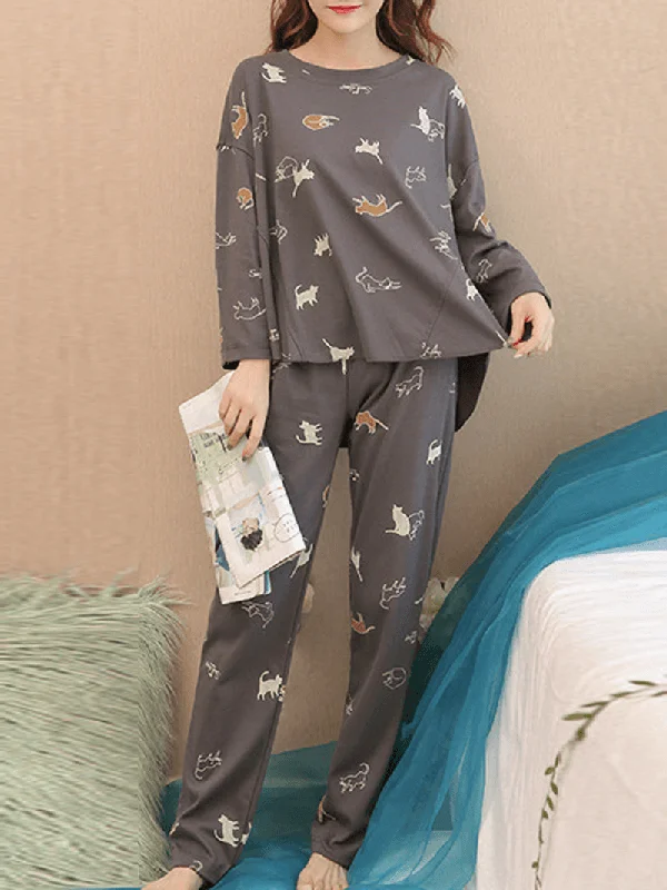 women-funny-cartoon-cat-print-round-neck-pocket-long-sleeve-home-pajama-set