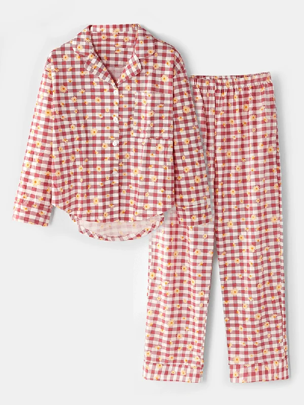 Women Plaid Floral Print Revere Collar Shirt Elastic Waist Loose Pocket Pants Pajama Set