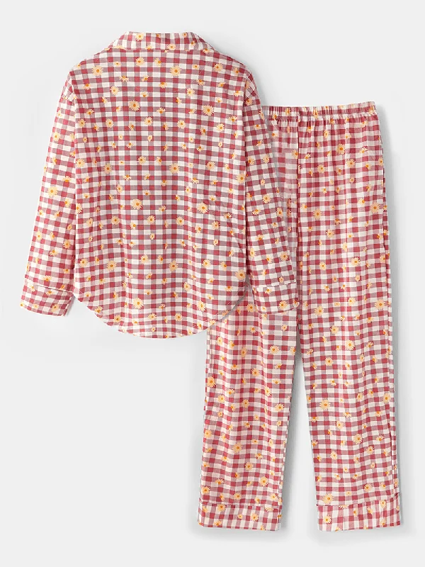 women-plaid-floral-print-revere-collar-shirt-elastic-waist-loose-pocket-pants-pajama-set