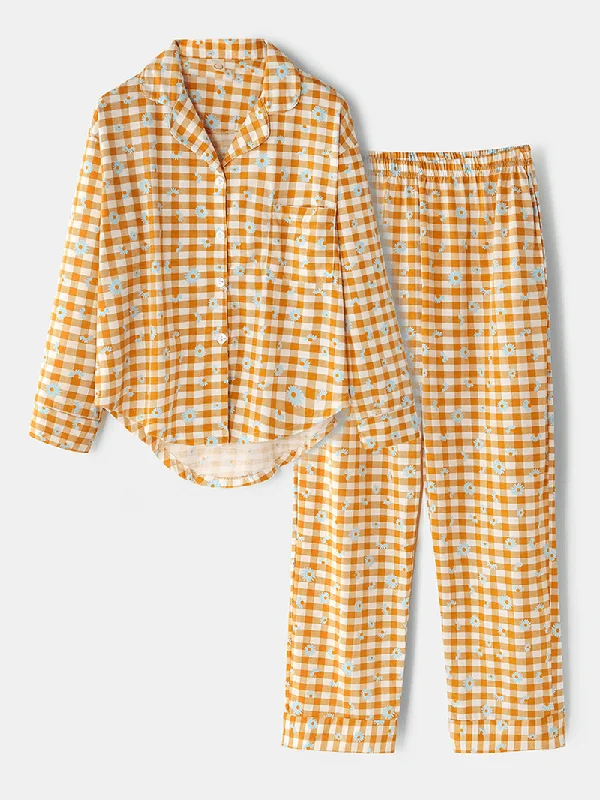 women-plaid-floral-print-revere-collar-shirt-elastic-waist-loose-pocket-pants-pajama-set