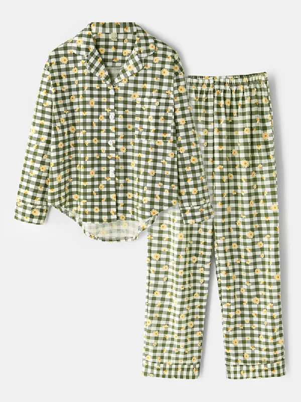 women-plaid-floral-print-revere-collar-shirt-elastic-waist-loose-pocket-pants-pajama-set