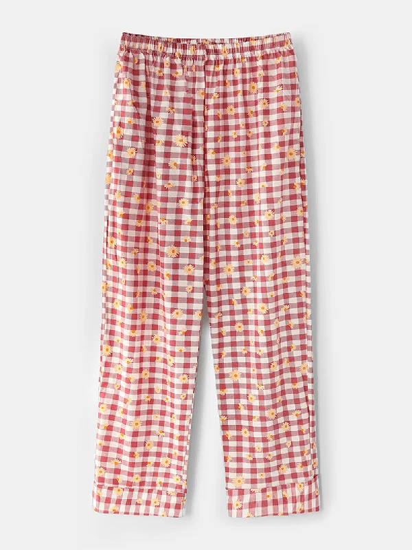 women-plaid-floral-print-revere-collar-shirt-elastic-waist-loose-pocket-pants-pajama-set