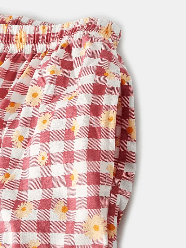 women-plaid-floral-print-revere-collar-shirt-elastic-waist-loose-pocket-pants-pajama-set