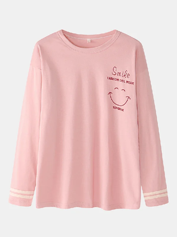 women-smile-face-print-drop-shoulder-striped-cuff-cotton-pullover-pajamas-sets